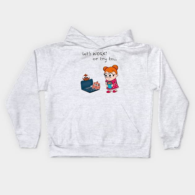 Lovely girl trying to work around her cute cat and bird Kids Hoodie by Nico Art Lines